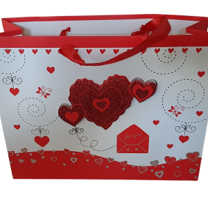 Valentines Day, Anniversary, Birthday, Romantic Gifting Paper Gift Bag with Red Satin Ribbon Handles – Medium