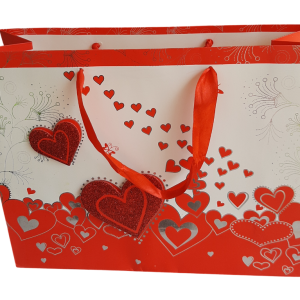 Valentines Day, Anniversary, Birthday, Romantic Gifting Paper Gift Bag with Red Satin Ribbon Handles – Medium