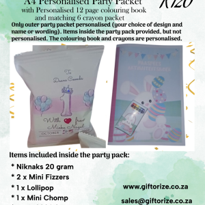 PERSONALISED PARTY PACK WITH 12 PAGE COLOURING BOOK AND 6 CRAYON PACKET – A4 – Only the outer party packet personalised (your choice of design and wording)