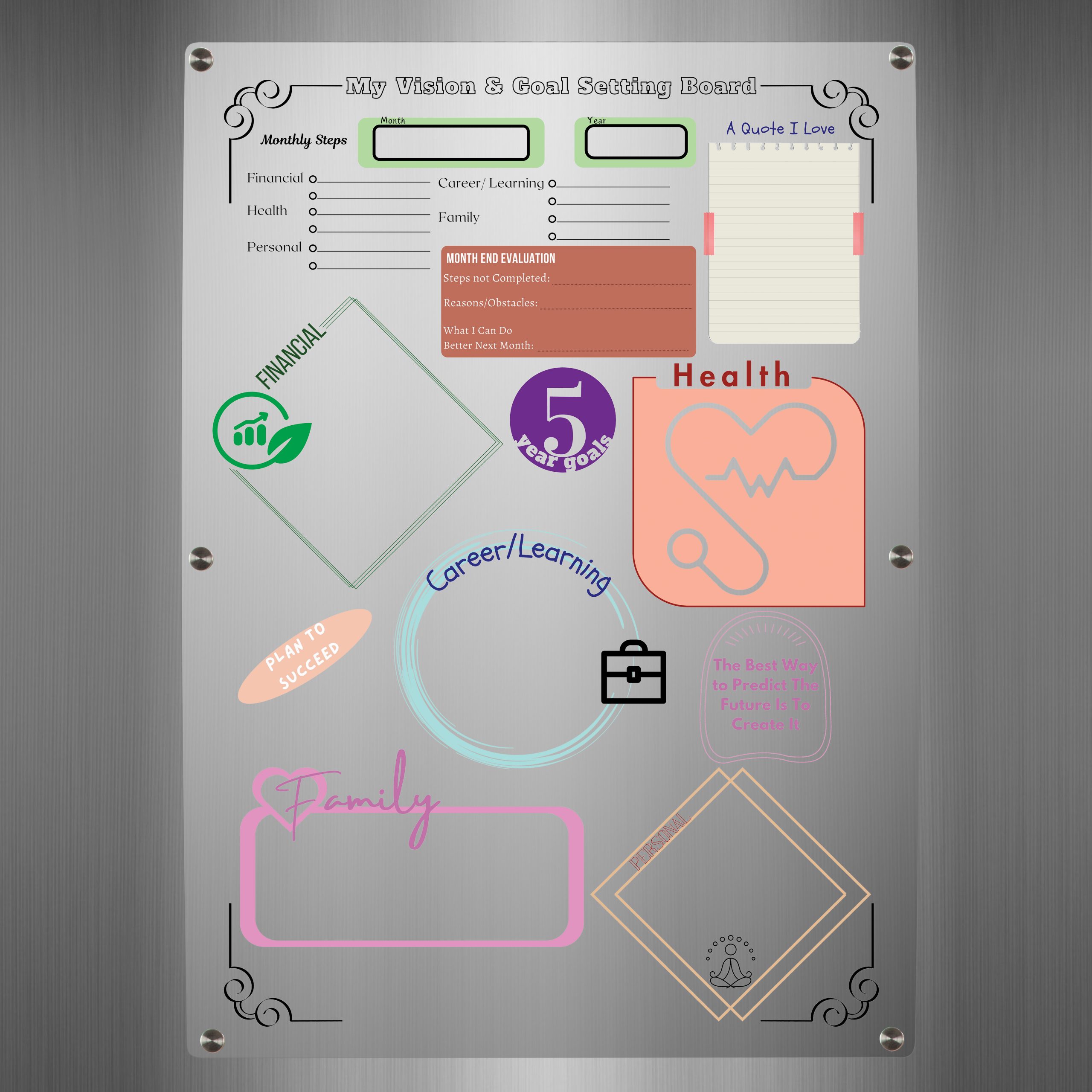 Vision Board with Monthly Goal Setting Section – Re-usable Acrylic (Perspex) Board with Magnets & Door Hooks - Image 3