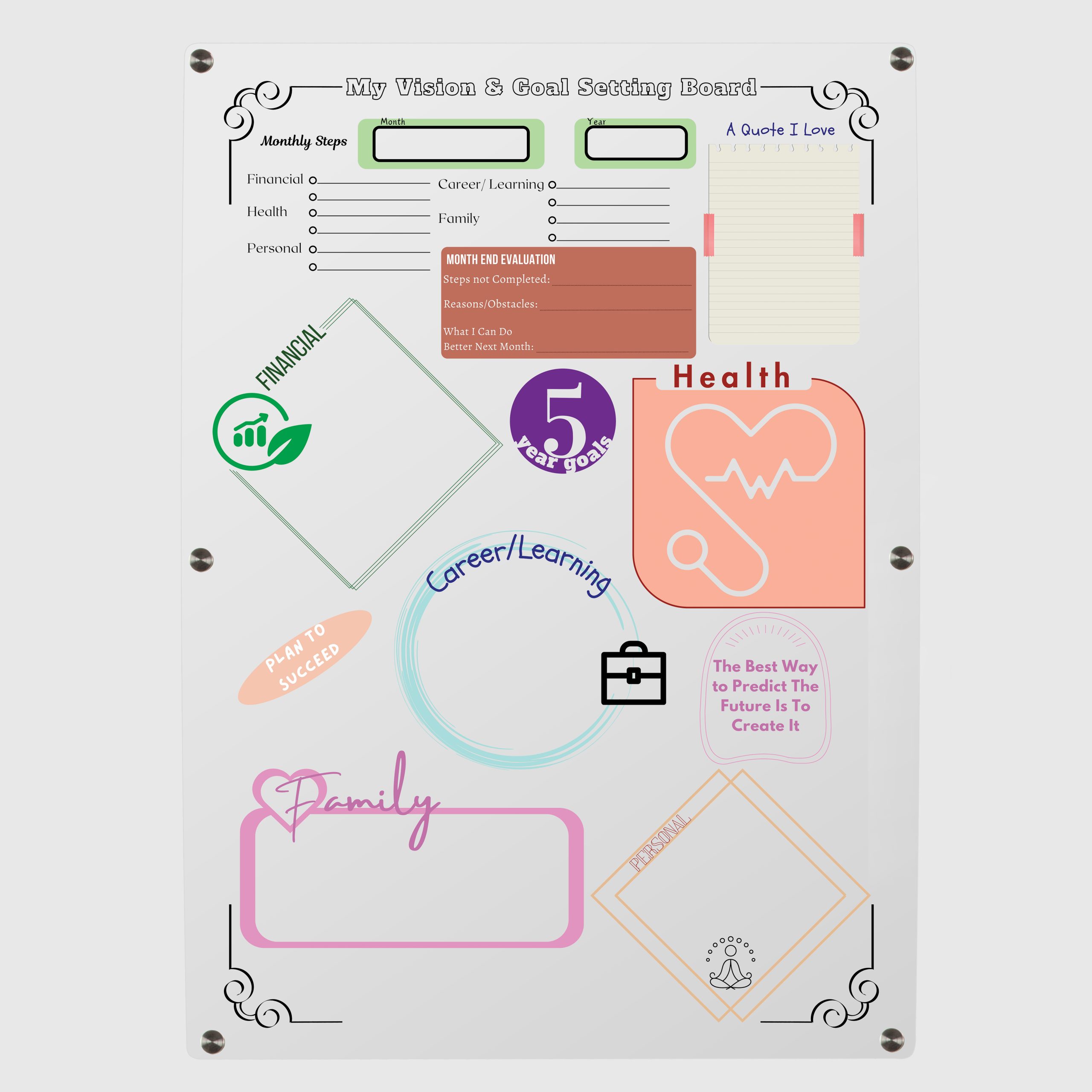 Vision Board with Monthly Goal Setting Section – Re-usable Acrylic (Perspex) Board with Magnets & Door Hooks - Image 2